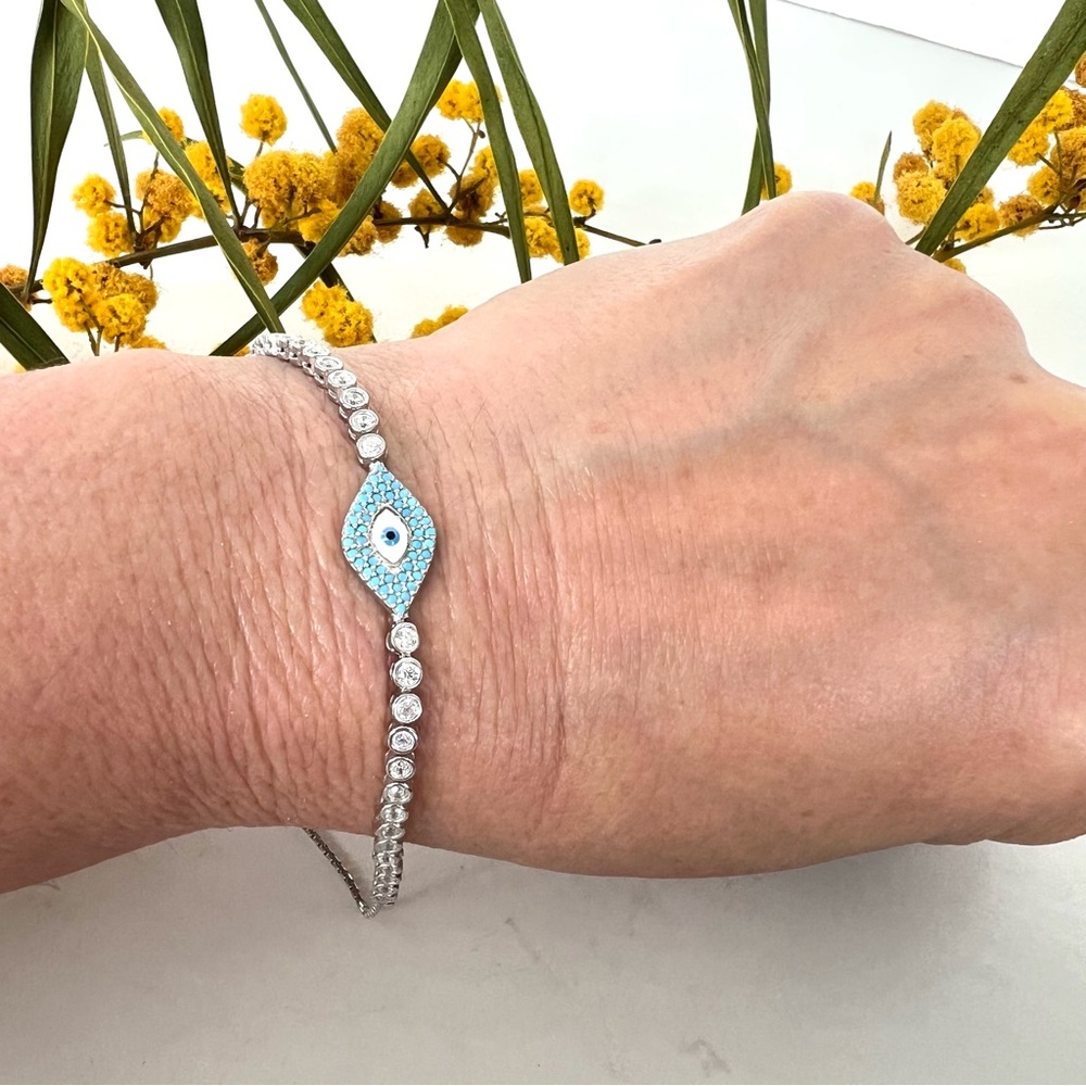 EVIL EYE Dainty 925 Sterling Silver Cz Rhinestone w Enamel Adjustable Bracelet - Picture 5 of 12